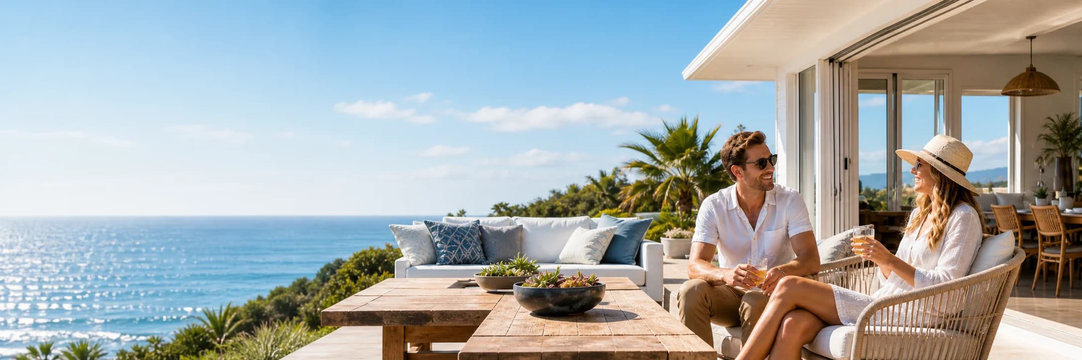 Couple enjoying drinks on a sunny oceanfront terrace at a warm beach home